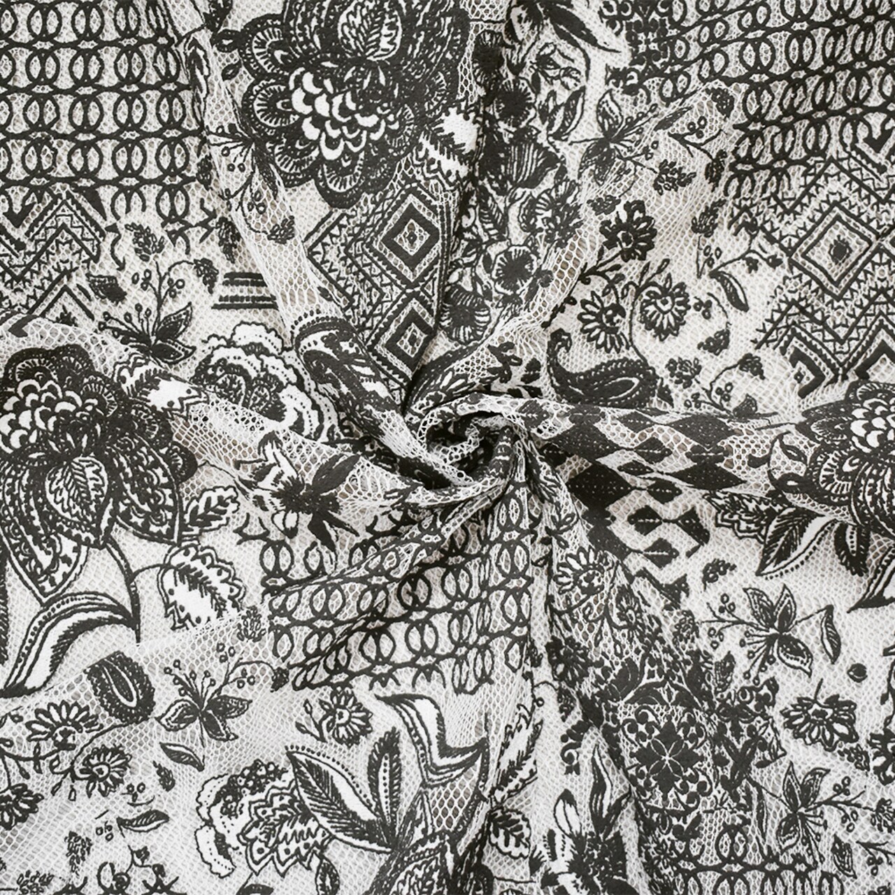 Black-White Poly Floral Patch Printed Lace Mesh Knit Fabric By the Yard